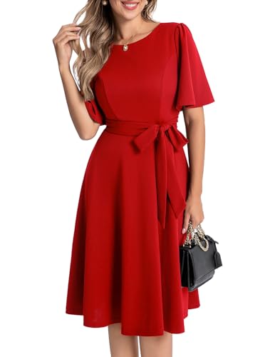 Bbonlinedress - Vestido de noche para mujer, elegante y elegante, para cócteles, boda, graduación, cuello redondo, manga corta con cinturón, rojo, XS