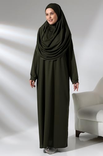 ihvan online Vestidos musulmanes para mujer, vestido de oración islámica de una sola pieza de manga larga y alfombra de oración y cuentas, conjunto islámico, caqui, 3XL-6XL