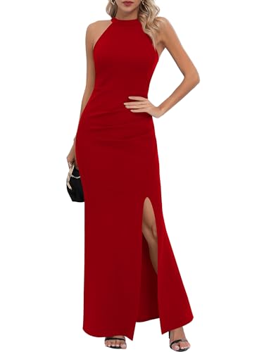 Missufe Vestido largo para mujer, vestido de fiesta, sin mangas, vestido de noche, elegante, bodycon largo, rojo, XL