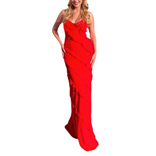 Cloyifun Vestido largo sexy con tirantes delgados, sin mangas, espalda descubierta, con volantes, elegante, para noche, cóctel, fiesta, bodycon, rosso, M