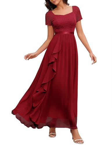Wedtrend Elegante vestido de noche largo para boda cuello cuadrado vestido de encaje línea A vestido de volantes con gasa, rojo oscuro, XXL