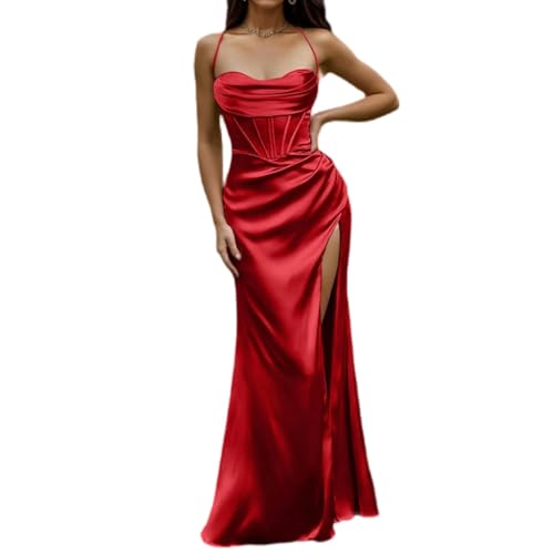 Vestido de noche Formal con Tirantes con Abertura y Cordones Vestidos de cóctel de Cintura Alta sólidos Vestidos de Fiesta Elegantes para Mujer -Rojo-XL
