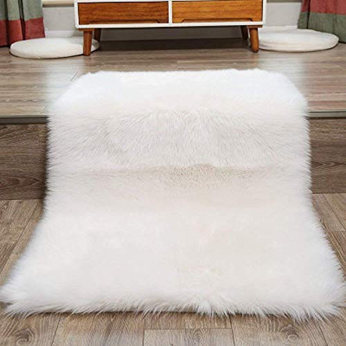 DQMEN Piel de Cordero Oveja/Sheepskin Rug Cordero, imitación mullida Alfombras imitación Piel sintética Deko Piel,para salón Dormitorio baño sofá Silla cojín (Blanco, 50 x 150cm)