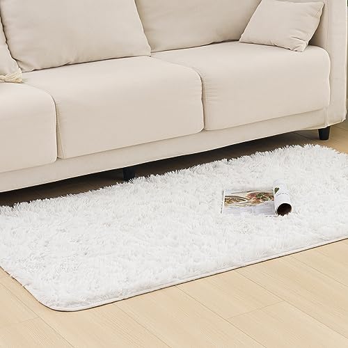 Vamcheer Alfombra de Pelo Largo - alfombras para Salón y Dormitorio,8mm Esponja Gruesa Alfombra área para habitacion,Lavables y Antideslizante, 80X150 Blanco Puro