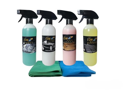 Pack Limpieza Coche Profesional, Desengrasante Llantas, Limpiador de Tapicería, Abrillantador Carrocería, Limpiador de Neumáticos y Plásticos. Tecnología Insuperable. Made in Spain