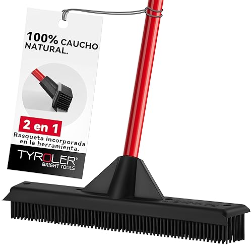 Tyroler Escoba de Goma con Recogeaguas de 33cm, Escoba con Cerdas de Caucho Natural para Pelo Humano y de Mascotas Uso en Interior y Exterior. Limpia Alfombras, Suelos de Madera, Cubiertas y Ventanas