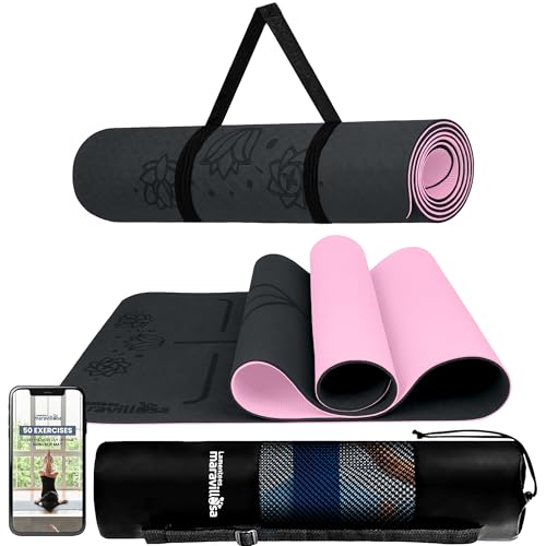 LA MENTE ES MARAVILLOSA - Esterilla de Yoga, Pilates y Fitness【E-Book, Bolsa y Correa de Hombro】Colchoneta Antideslizante TPE para Deportes, Gimnasio en Casa | 183x61 cm (Flores, Negro/Rosa)