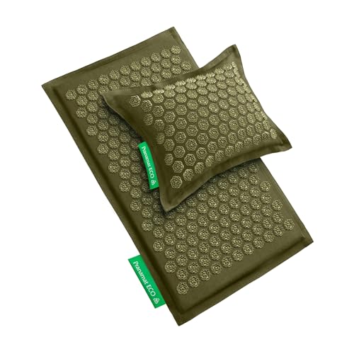 Pranamat Set de Esterilla Grande y Almohada de Acupresión, Terapia de Acupresión Premium para Alivio del Dolor y Relajación, Hecho a Mano en Europa con Materiales Naturales y Sostenibles (Olive)