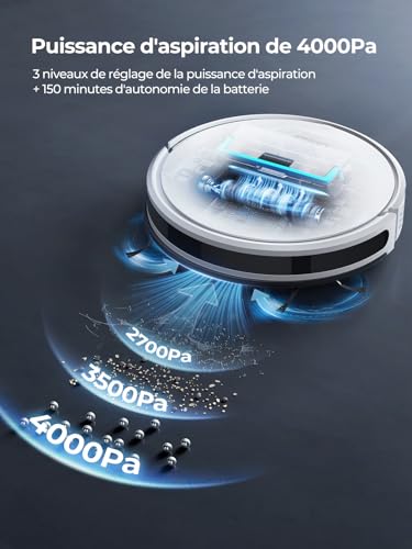 Robot Aspirador y Fregasuelos, 4000Pa Aspirador Robot, Carga automática, 150 Minutos de batería de Larga duración, App o Mando a Distancia, Compatible con Alexa, para Pelo de Mascotas (Evol 3s)