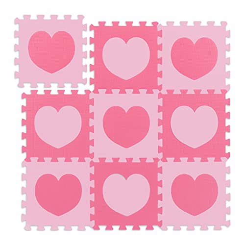 Relaxdays Alfombra Puzle Corazón Niños, 18 Piezas, Colchoneta Bebés, Goma EVA no Nociva, 91,5 x 91,5 cm, Rosado y Fucsia, PE, PEVA, Rosa, Set de 9