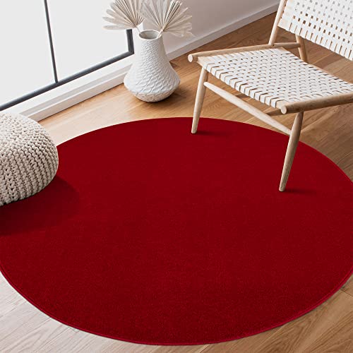 SANAT Alfombra de Pelo Corto para Sala de Estar, Lisa, Moderna, para Dormitorio, Estudio, Oficina, Pasillo, habitación de los niños y Cocina, Color Rojo, 120 cm Redondo