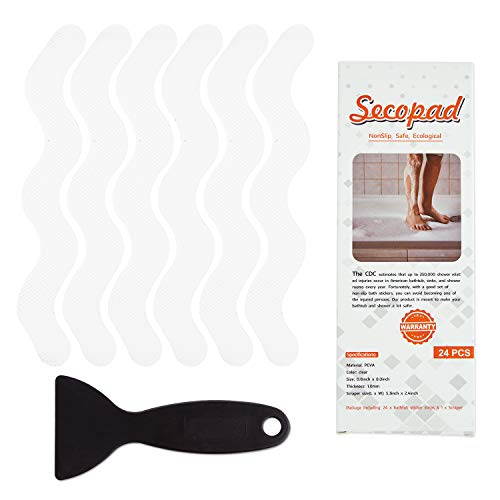 Secopad Pegatinas Antideslizantes para Ducha, 24 unidades, Tiras Adhesivas de Seguridad para Bañera, Ducha, Escaleras, Raspador Incluida (Blanco)