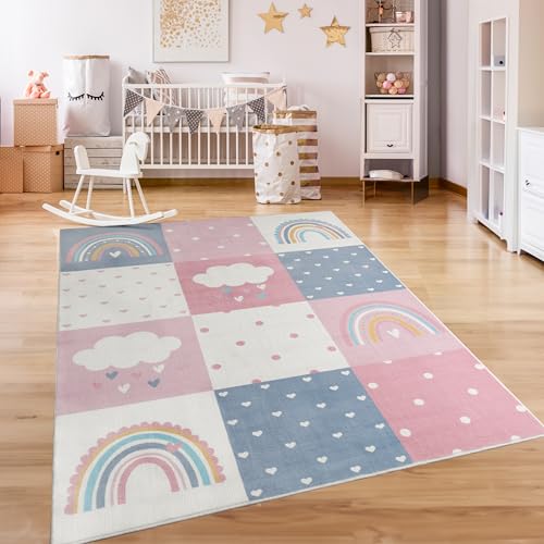 Paco Home Alfombra De Habitacion Bebe Infantil Niña Niño De Juego Antideslizante Arcoíris Corazón Lunares, tamaño:80x150 cm, Color:Gris-Rosa