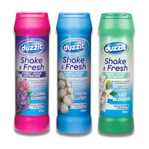 Duzzit Shake & Fresh - Ambientador para alfombras y neutralizador de olores, juego de 3 aromas surtidos (lino fresco, flor de lirio, jardín floral), 500 g cada uno, desodorante en polvo para alfombras
