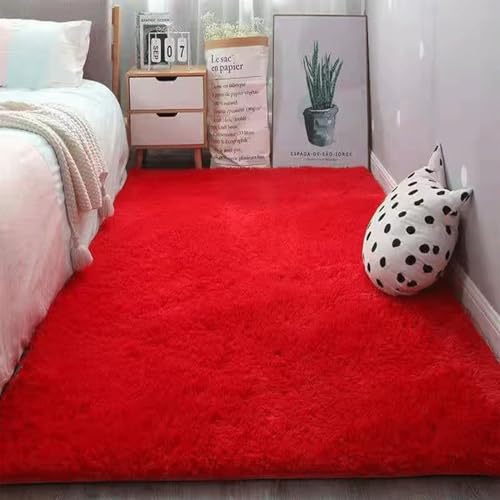 Genérico Alfombra Lavable para Salón, Dormitorio y Habitación de Los Niños - Lana de Pelo Largo, Muy Suave, Antideslizante, Moderna - Rojo, 50x80cm