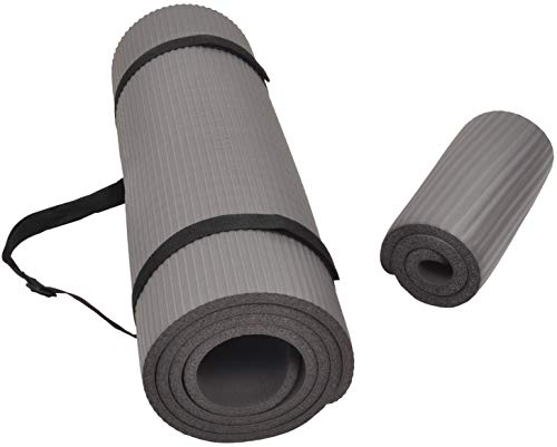 BalanceFrom GoYoga+ - Esterilla de yoga y rodillera multiusos de 1/2 pulgadas, extra gruesa, alta densidad, antidesgarros, con correa de transporte (gris)