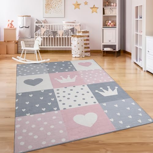 Paco Home Alfombra De Habitacion Bebe Infantil Niña Niño De Juego Antideslizante Arcoíris Corazón Lunares, tamaño:80x150 cm, Color: Crema Rosa Gris