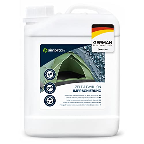 SIMPRAX® Spray Impermeabilizante Textil para Tiendas de Campaña Lonas Accesorios de Exterior - Certificado Oeko-Tex - Spray Impregnante Transparente Hidrofugo Ecologico con Protección UV - 2,5 L