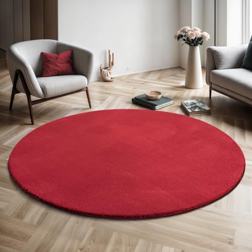 the carpet Relax - Alfombra Moderna y mullida de Pelo Corto, para salón, Parte Inferior Antideslizante, Lavable hasta 30 Grados, Muy Suave, Rojo, 120 cm Redondo