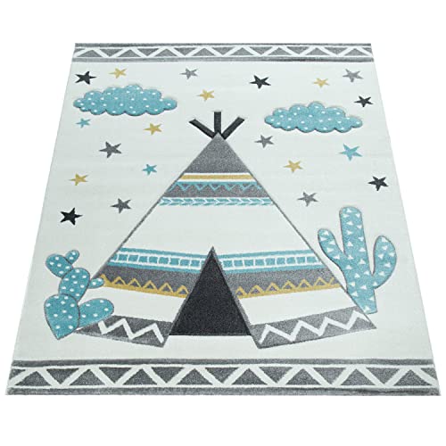 Alfombra Infantil, Habitación Infantil Colores Pastel, Motivo 3D Tipi Indio En Beige, tamaño:80x150 cm