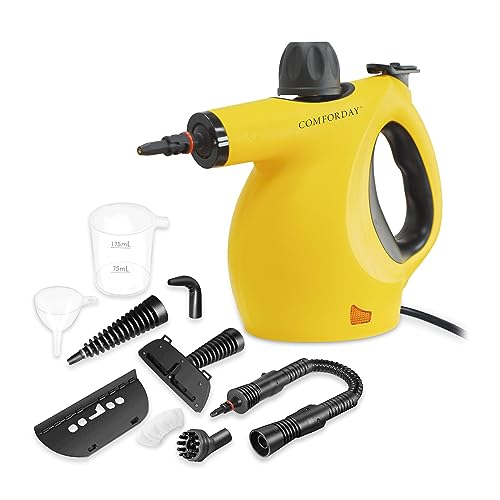 COMFORDAY Limpiador de Vapor de Mano, Limpiador de Vapores Portátil de Usos Múltiples con 9 Accesorios para Quitar Manchas, Alfombras, Cortinas, Asientos de Auto, Cocina, Chinches, Piso, Baño