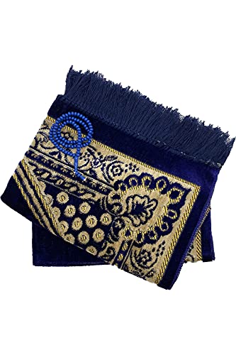 Alfombra de oración estilo turco y otomano + cuentas de oración de Tasbeh suave gamuza con patrón oriental Janamaz Sajadah regalo 110 x 66 cm (azul)