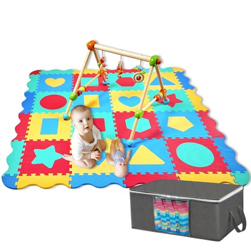 Cantoblanc® Alfombra Puzzle bebé Acolchada. Tapete de Actividades Bebé + Bolsa de Almacenaje. 36 Piezas Gruesas Acolchadas Figuras Geométricas y Bordes. Tapete Suelo Goma Eva Grande (140x140x1,2cm).