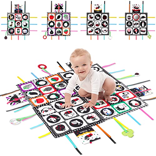 Vicloon Libro Bebe Blanco y Negro,4 Piezas Juegos Bebes Tummy Time Manta Actividades,Libro de Tela para Bebé Empalmable con Espejo, Mordedor y Sonajero,Alfombra de Juegos para Bebés en Blanco y Negro