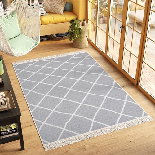TAPISO Azteca Alfombra de Dos Caras con Flecos Algodón Lavable Sin Pelo Diseño Moderno Gris Blanco Alfombra de Salón Dormitorio Habitación Infantil Oeko-Tex 140 x 200 cm