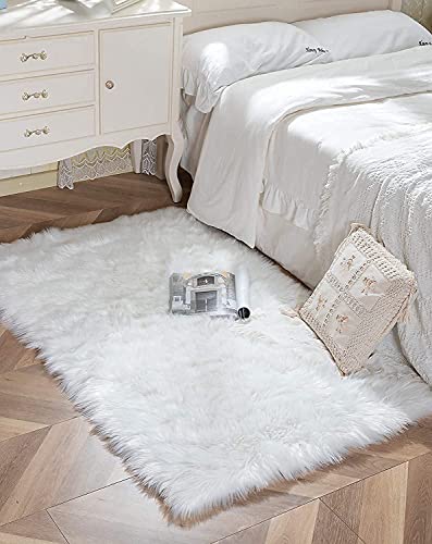 HEQUN Alfombra de Piel de Oveja sintética, Artificial Alfombra,Funda de Silla de Forro Polar Suave y mullida para recámara, sofá, Suelo (90×60 CM, Blanco)