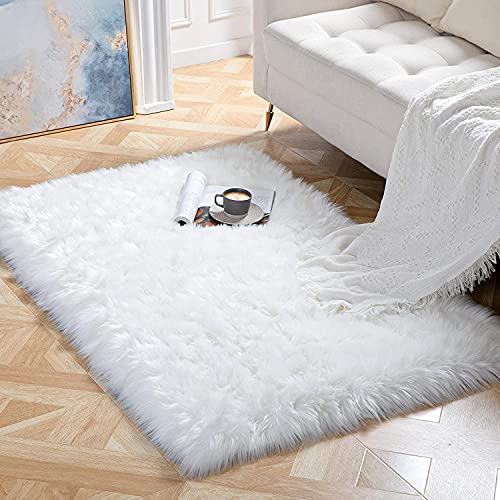 SXYHKJ Nuevo Piel de Cordero Oveja/Sheepskin Rug Cordero, imitación mullida Alfombras imitación Piel sintética,para salón Dormitorio baño sofá Silla cojín (75x120cm - Rectangle, Blanco)