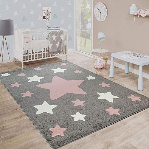 Alfombra Infantil, Alfombra Moderna para Habitaciones Infantiles En Colores Pastel con Motivos De Estrellas, tamaño:160x220 cm, Color:Gris