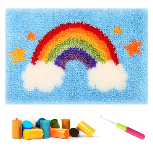 CCWORAN Kit de fabricación de alfombras arcoíris para adultos, kit de alfombra de gancho, juego de tapiz, patrones de cojín, tapete de malla impreso, lona y hilo de lana
