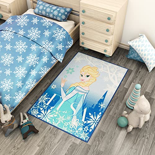 Producto con Licencia Disney - Alfombra de juego Elsa Frozen 133x95 cm - Azul - Alfombra - Alfombra de juego para la habitación de los niños - Decorativa, Diseño especial, Resistente a las manchas