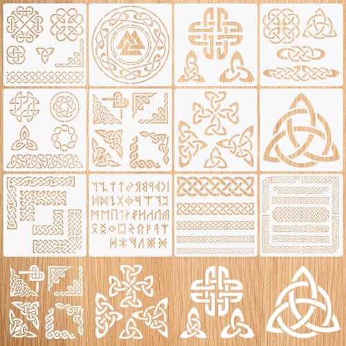 Neikafan 12 Piezas Plantillas Simbolos Celtas 20 por 20 para Pintar Sobre Madera, Suelo, Muebles, Plantillas Nudo Celta Stencil para Manualidades Grandes de Mandalas para Ropa Navidad