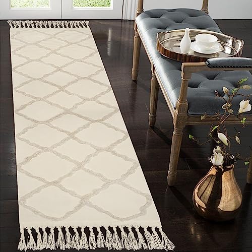 LINROMIA Alfombra Pasillo Larga 60x240cm,Boho Beige Alfombra de Algodón con Borlas Tejidas, Alfombra Lavable para Baño, Cocina, Salon, Dormitorio, Entrada