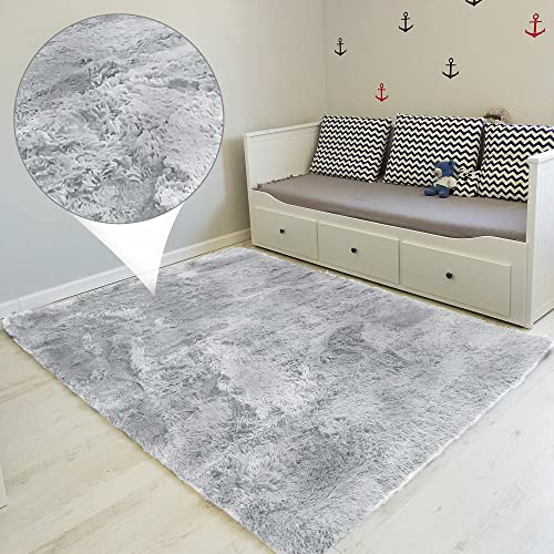 Amazinggirl Alfombra Pelo Largo 100 x 160 cm - Alfombras Salon Modernas Comedor Alfombra Grande pie de Cama Gris – Blanco