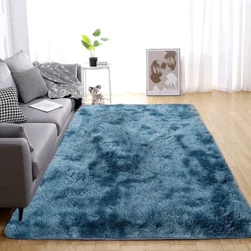SUBEEN Alfombra salón Grande Alfombra Suave Pelo Largo Dormitorio salón Comedor Alfombra Antideslizante Lavable Alfombra Interior para niños (80x120cm, Azul)
