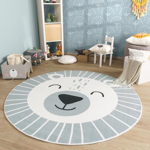 TT Home Alfombra Habitación Infantil De Juego Bebe Lavable Leon Motivo Animal, Color:Gris, Tamaño:100 cm Redondo