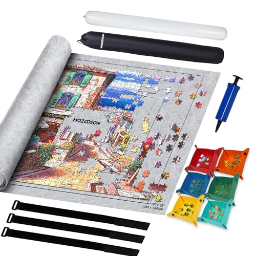 MOZOOSON Tapete Puzzle, Tapete para Enrollar Puzzles de hasta 3000 Piezas, Alfombra Puzzle con 6 Bandejas, Puzzle Mat Roll Up Portátil Fieltro, Guarda Puzzle Accesorios para Niños y Adultos