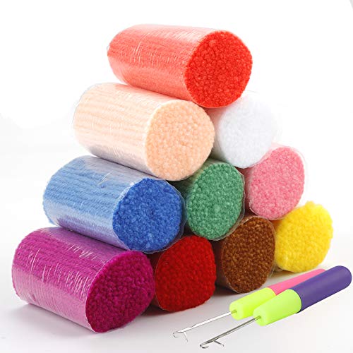 Rybtd 10 piezas Hilo de lana precortado de color，Acrílico colorido Hilo de alfombra anudado con Gancho de crochet para alfombras tejidas, artesanías, textiles
