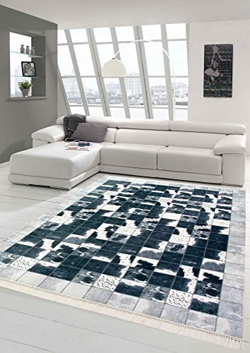 Merinos Alfombra de Piel de Vaca imitación Patchwork en Negro Gris Blanco Größe 80 x 300 cm