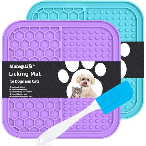 MateeyLife Alfombrilla de Lamer para Perros 15x15cm - Comedero Perro y Gato con Ventosas, Ideal para Queso, Mantequilla de Maní y Más - Reduce Ansiedad y Mejora Alimentación (Púrpura y Azul Claro)
