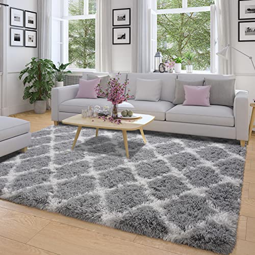 Zareas Alfombra moderna abstracta suave y mullida para sala de estar, 5 x 8 cm, color blanco y gris para dormitorio, alfombra peluda para niños y niñas y niños de piel larga para interior o cuarto de