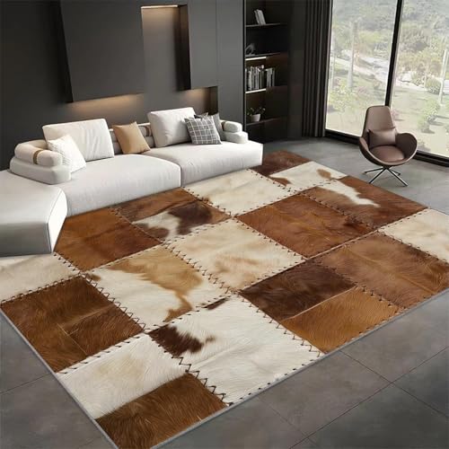 AAFUOO Alfombra Vintage De Sala De Estar A Cuadros con Textura De Piel De Vaca Marrón, Estampado De Tartán De Animales De Granja Occidental, Alfombra De Dormitorio De Pelo Bajo 60x120cm