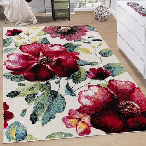 Alfombra Salon De Habitacion Pelo Corto Moderna Motivo Floral Flores, tamaño:160x230 cm, Color:Multicolor