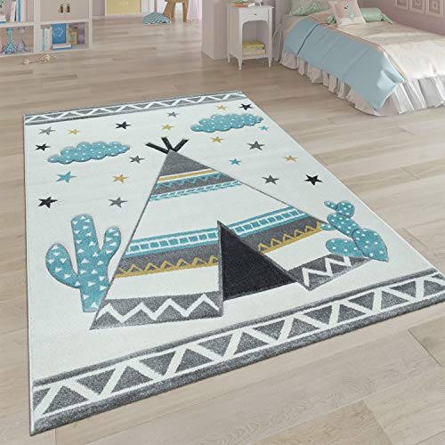 Alfombra Infantil, Habitación Infantil Colores Pastel, Motivo 3D Tipi Indio En Beige, tamaño:80x150 cm