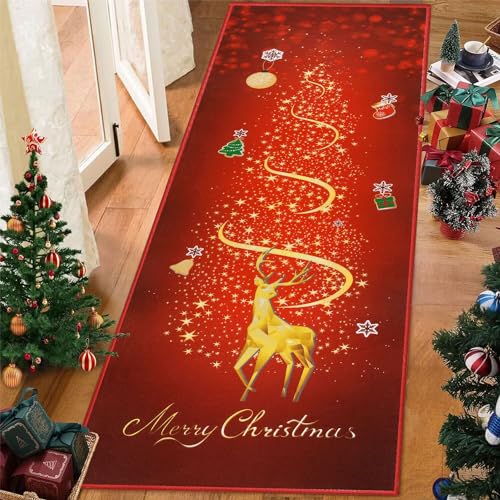 SHACOS Alfombra de Pasillo Roja de Navidad 60x180cm Alfombra de Bienvenida con Motivos Navideños Antideslizante Felpudo Entrada Casa Largo Alfombra de Decoración de Navidad para Casa Pasillo