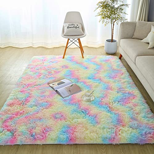 Lanyesky Alfombras Salón Grandes Pelo Largo Alfombra Habitación Dormitorio Lavables Alfombra de Pelo Largo para salón o Dormitorio, Alfombra esponjosa. (120x200cm, arcoíris)