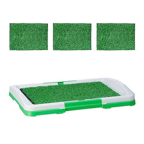 Relaxdays Aseo para Perro con 4 Empapadores Césped, Bandeja Sanitaria Cachorros, Plástico 5,5x45,5x33cm, Blanco/Verde, 100%